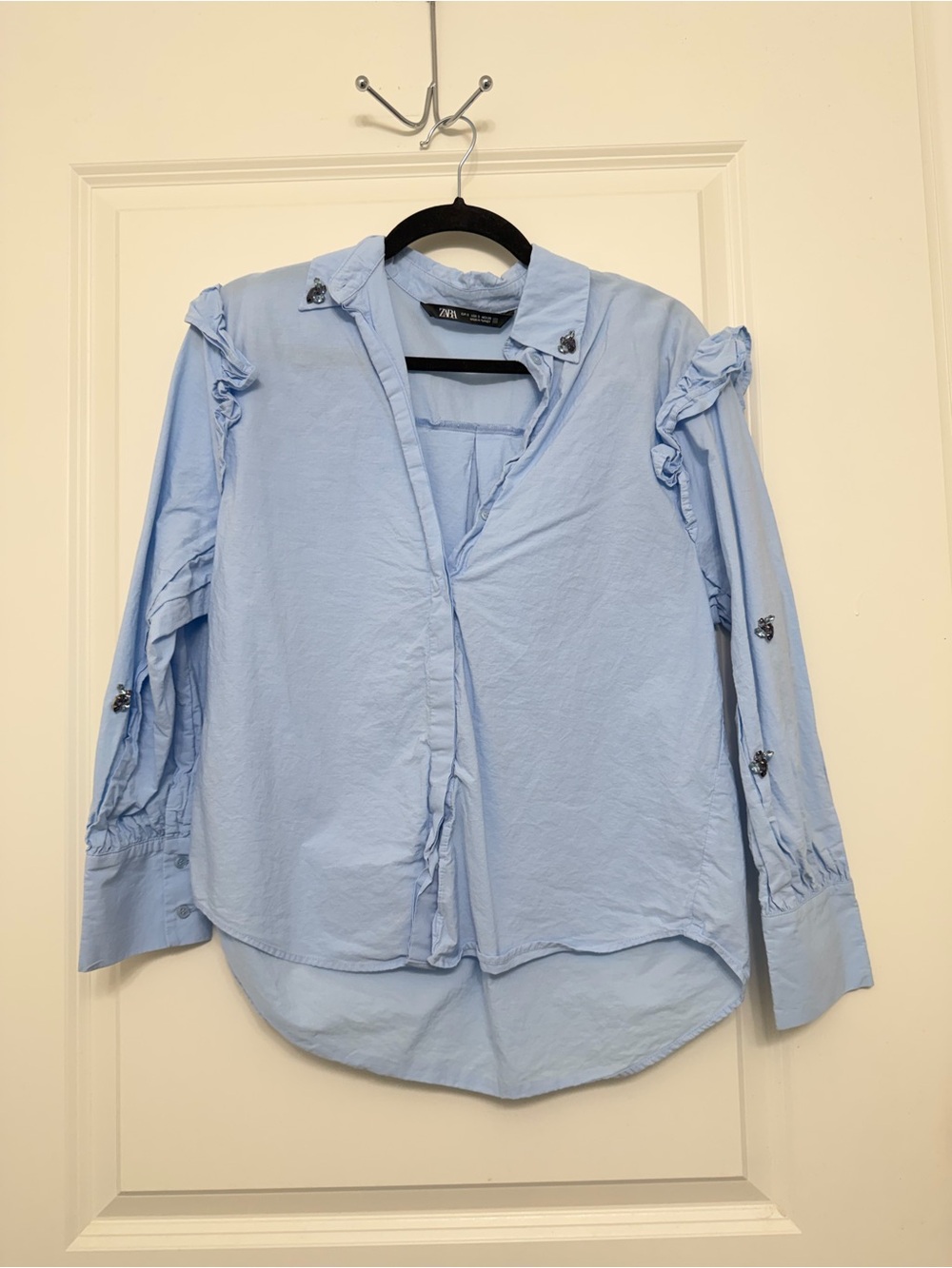 Zara Pale Blue Button-Down Top with Ruffle Sleeve Detail